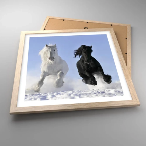 Een poster in een licht eiken lijst - Zwart-wit galop - 40x40 cm