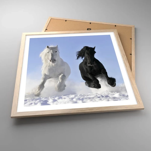 Een poster in een licht eiken lijst - Zwart-wit galop - 50x50 cm