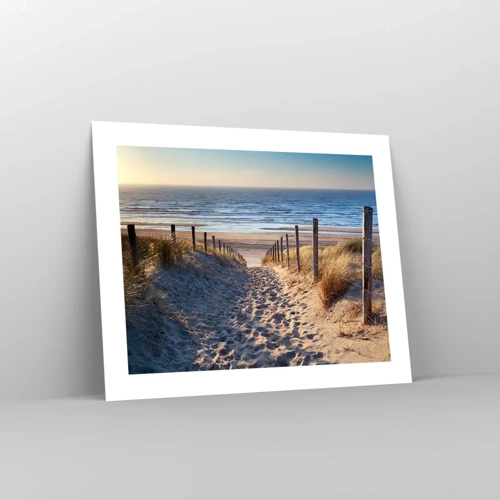 Poster - Het geluid van de zee, het zingen van vogels, een wild strand tussen het gras... - 50x40 cm