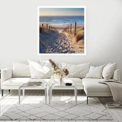 Poster - Het geluid van de zee, het zingen van vogels, een wild strand tussen het gras... - 50x50 cm