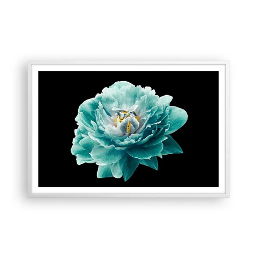Poster in een witte lijst - Blauwe en gouden bloemblaadjes - 91x61 cm