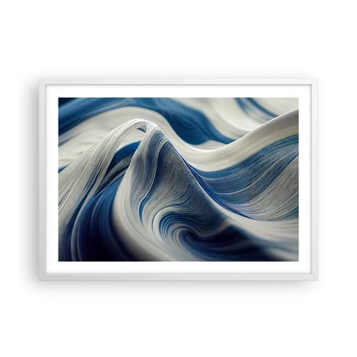 Poster in een witte lijst - De vloeibaarheid van blauw en wit - 70x50 cm