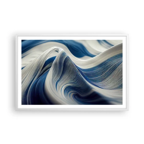 Poster in een witte lijst - De vloeibaarheid van blauw en wit - 91x61 cm