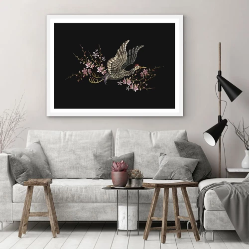 Poster in een witte lijst - Exotische geborduurde vogel - 100x70 cm