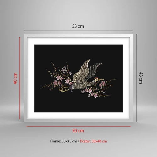 Poster in een witte lijst - Exotische geborduurde vogel - 50x40 cm