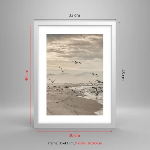 Poster in een witte lijst - Het geluid van de zee, het zingen van vogels - 30x40 cm
