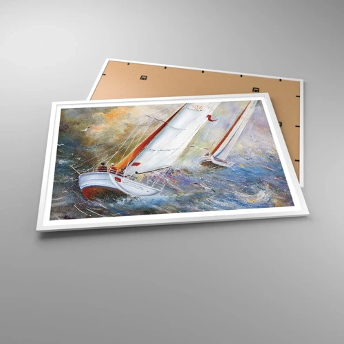 Poster in een witte lijst - Lopend op de golven  - 100x70 cm