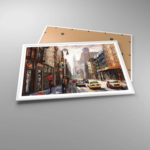 Poster in een witte lijst - New York - ook kleurrijk in de regen - 100x70 cm