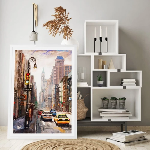 Poster in een witte lijst - New York - ook kleurrijk in de regen - 30x40 cm