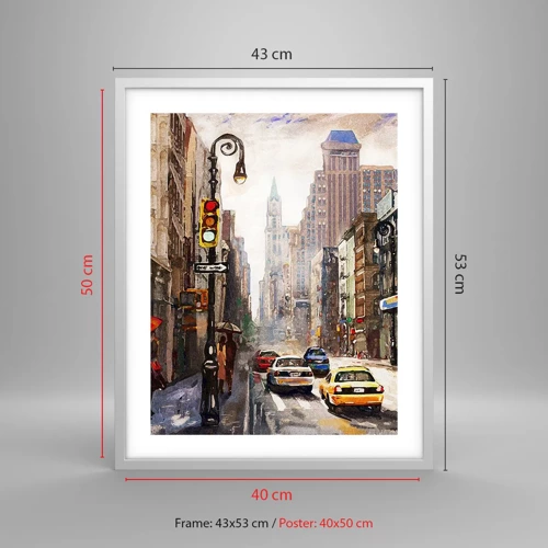 Poster in een witte lijst - New York - ook kleurrijk in de regen - 40x50 cm