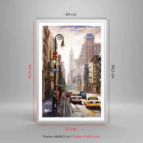 Poster in een witte lijst - New York - ook kleurrijk in de regen - 61x91 cm