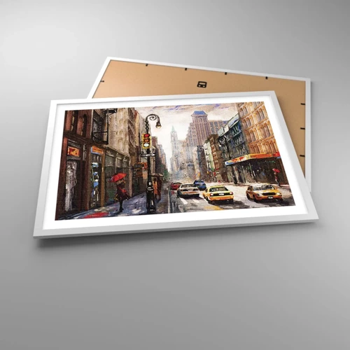 Poster in een witte lijst - New York - ook kleurrijk in de regen - 70x50 cm