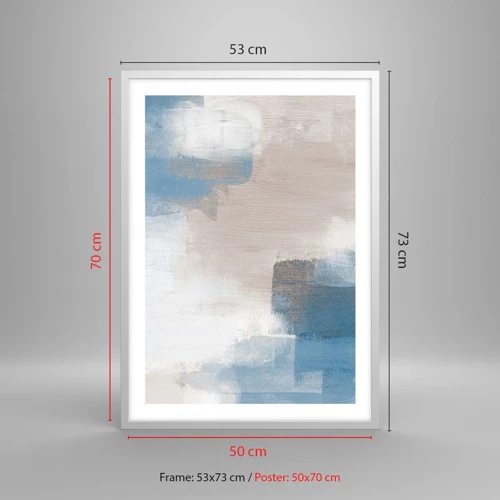 Poster in een witte lijst - Roze abstractie achter een blauw gordijn - 50x70 cm