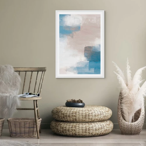 Poster in een witte lijst - Roze abstractie achter een blauw gordijn - 61x91 cm