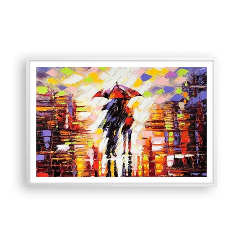 Poster in een witte lijst - Samen door de nacht en regen - 91x61 cm