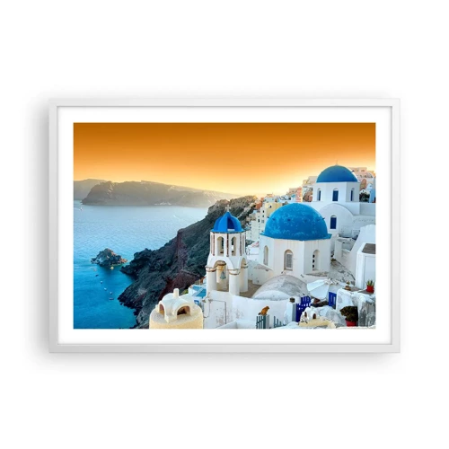 Poster in een witte lijst - Santorini - genesteld tegen de rotsen - 70x50 cm