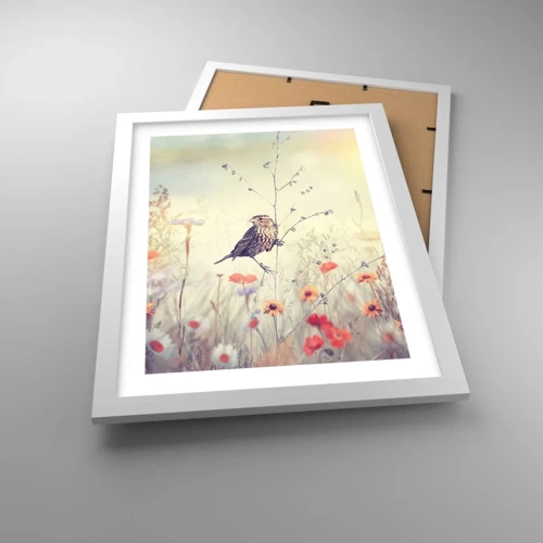 Poster in een witte lijst - Vogelportret met een weiland op de achtergrond - 30x40 cm