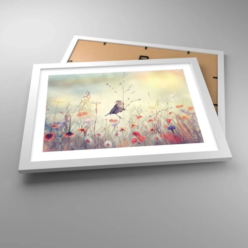 Poster in een witte lijst - Vogelportret met een weiland op de achtergrond - 40x30 cm