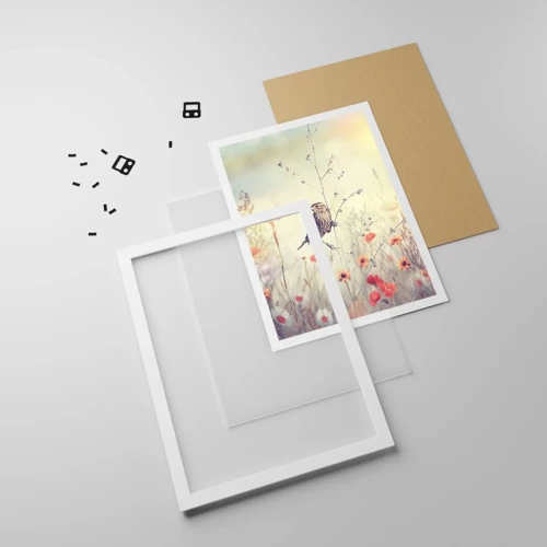 Poster in een witte lijst - Vogelportret met een weiland op de achtergrond - 50x70 cm