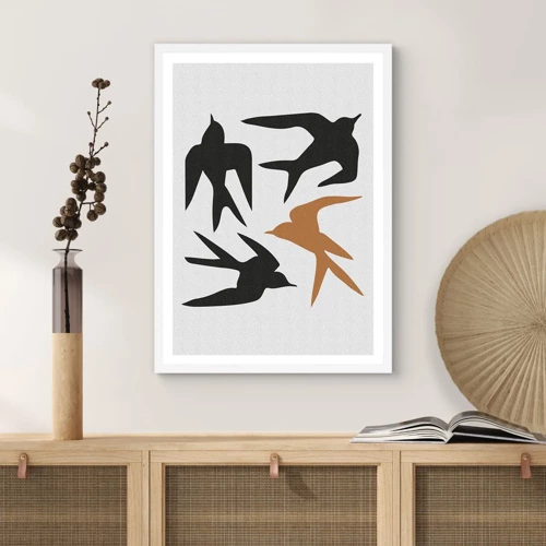 Poster in een witte lijst - Zwaluwen spel - 50x70 cm