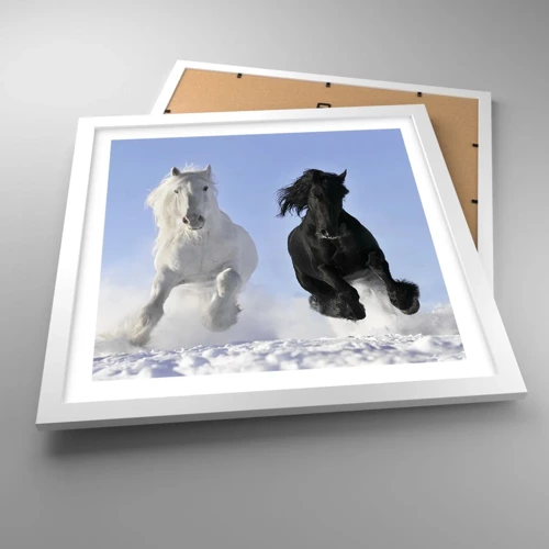 Poster in een witte lijst - Zwart-wit galop - 40x40 cm