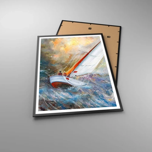 Poster in een zwarte lijst - Lopend op de golven  - 70x100 cm