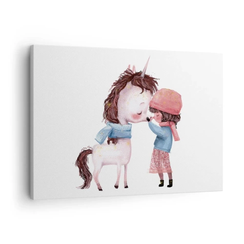 Schilderen op canvas Arttor 70x50 cm - Een winterverhaal - Voor Kinderen, Eenhoorn, Meisje, Verhaal, Vriendschap, Naar de woonkamer, Naar de slaapkamer, Wit, Bruin, Horizontaal, Canvas, AA70x50-4733