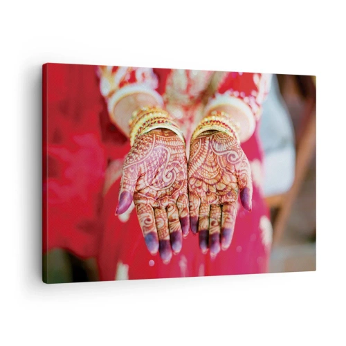Schilderen op canvas Arttor 70x50 cm - Klaar om je geluk te vangen? - Vrouwelijke Handen, Oosterse Patronen, India, Tatoeëren, Cultuur, Naar de woonkamer, Naar de slaapkamer, Wit, Bruin, Horizontaal, Canvas, AA70x50-4848