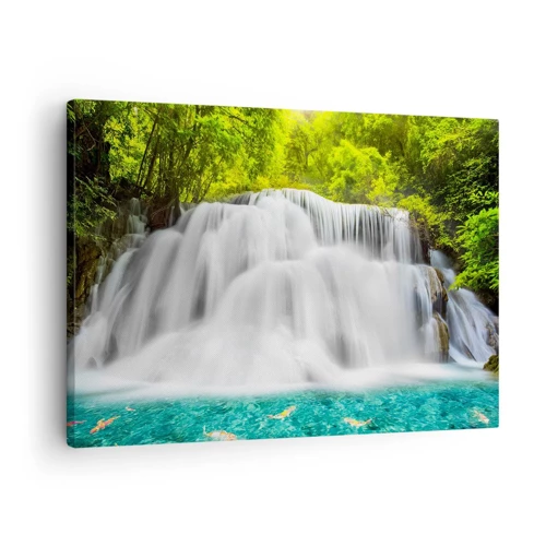 Schilderen op canvas - Een schuimige waterval van groen naar azuurblauw - 70x50 cm