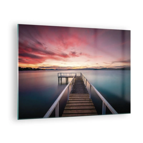 Schilderen op glas Arttor 70x50 cm - De zachte vlam van de avond - Landschap, De Zonsondergang, Houten Pier, Meer, Natuur, Naar de woonkamer, Naar de slaapkamer, Bruin, Zwart, Horizontaal, Glas, GAA70x50-4795