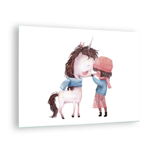 Schilderen op glas Arttor 70x50 cm - Een winterverhaal - Voor Kinderen, Eenhoorn, Meisje, Verhaal, Vriendschap, Naar de woonkamer, Naar de slaapkamer, Wit, Bruin, Horizontaal, Glas, GAA70x50-4733