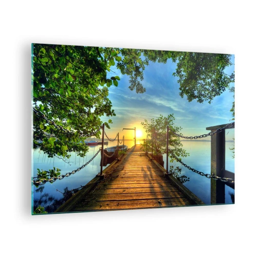 Schilderen op glas Arttor 70x50 cm - Zonsondergang boven het water - Landschap, Meer, Zeilboot, Houten Brug, Boom, Naar de woonkamer, Naar de slaapkamer, Groen, Blauw, Horizontaal, Glas, GAA70x50-2573