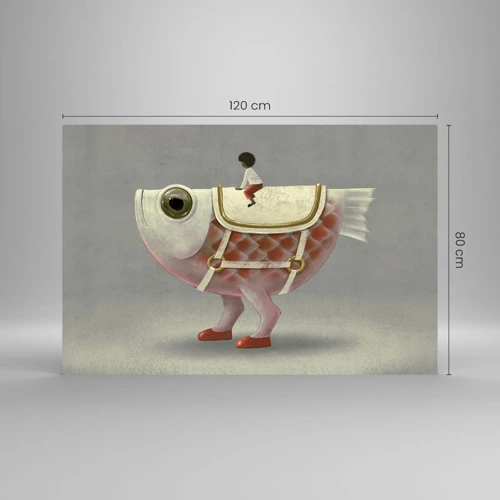 Schilderen op glas - Ruiter op een surrealistische vis - 120x80 cm