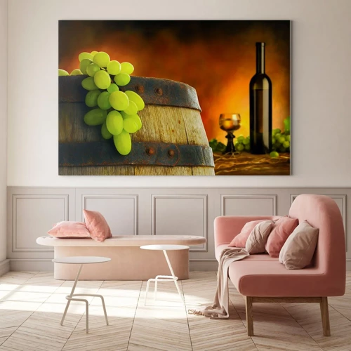 Schilderen op glas - Stilleven met een fles wijn en een tros druiven - 70x50 cm