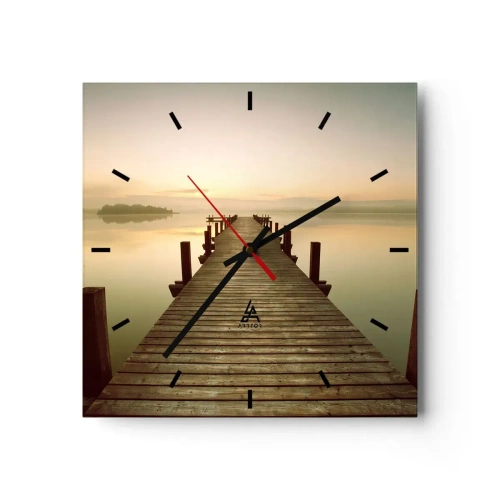 Wandklok, Klok Arttor 30x30 cm - Aanbreken van de dag, licht - Landschap, Meer, Houten Brug, Zonsopkomst, Natuur, Plein, Streepjes wijzerplaat, Naar de woonkamer, Naar de slaapkamer, Grijs, Bruin, C3AC30x30-3625