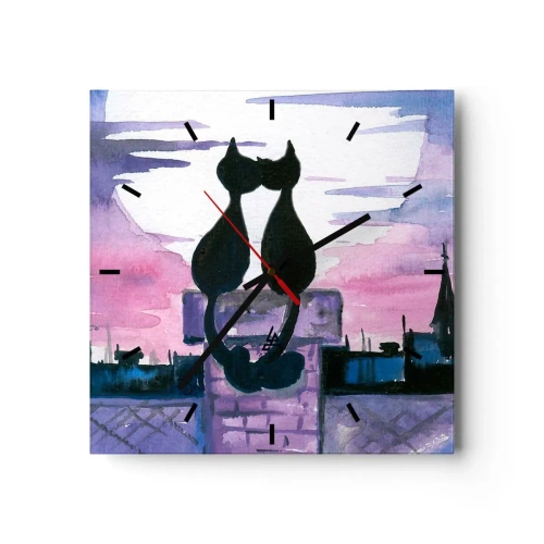 Wandklok, Klok Arttor 30x30 cm - Afspraak onder de maan - Katten Op Het Dak, Architectuur, Symbool Van Liefde, Grafische Afbeeldingen, Maan, Plein, Streepjes wijzerplaat, Naar de woonkamer, Naar de slaapkamer, Zwart, Roze, C3AC30x30-2970