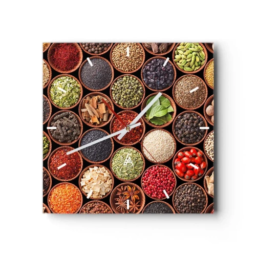 Wandklok, Klok Arttor 30x30 cm - Alle smaken van de wereld - Gastronomie, Kruiden, Gedroogde Kruiden, Gember, Keuken, Plein, Streepjes wijzerplaat, Naar de woonkamer, Naar de slaapkamer, Rood, Wit, C3AC30x30-3600
