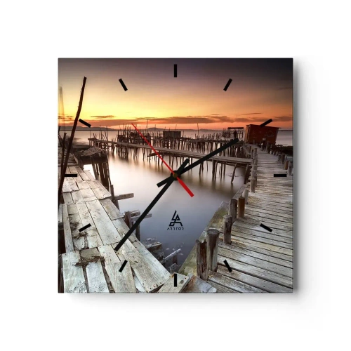 Wandklok, Klok Arttor 30x30 cm - Authentiek, geen toeristendummy? - Landschap, Houten Brug, Vissershaven, Boot, Portugal, Plein, Streepjes wijzerplaat, Naar de woonkamer, Naar de slaapkamer, Bruin, Zwart, C3AC30x30-3807