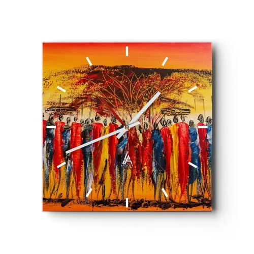 Wandklok, Klok Arttor 30x30 cm - Daar, daar, daar gaan ze - Kunst, Mensen, Afrika, Kenia, Baobab, Plein, Streepjes wijzerplaat, Naar de woonkamer, Naar de slaapkamer, Rood, Blauw, C3AC30x30-3752