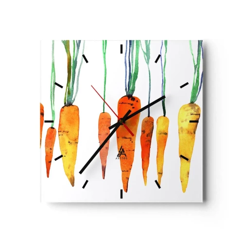 Wandklok, Klok Arttor 30x30 cm - De schoonheid van het gewone - Gastronomie, Wortel, Grafische Afbeeldingen, Aquarellen, Schilderen, Plein, Streepjes wijzerplaat, Naar de woonkamer, Naar de slaapkamer, Oranje, Groen, C3AC30x30-3826