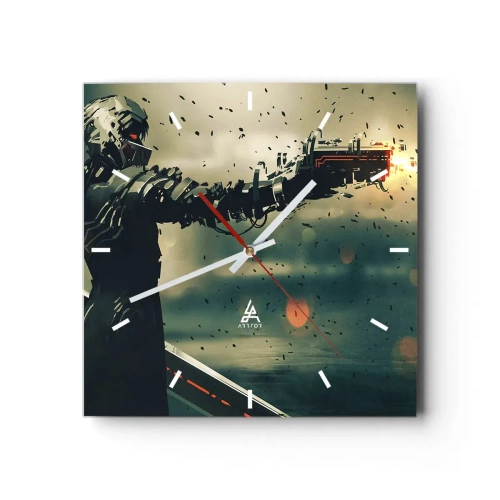 Wandklok, Klok Arttor 30x30 cm - Dodelijke wapens - Je eigen Terminator - Abstractie, Fantasie, Toekomstige Krijger, Wapen, Leger, Plein, Streepjes wijzerplaat, Naar de woonkamer, Naar de slaapkamer, Zwart, Oranje, C3AC30x30-3196