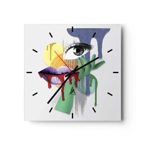 Wandklok, Klok Arttor 30x30 cm - Een gedeconstrueerd portret - Abstractie, Kunst, Oog, Mond, Grafische Afbeeldingen, Plein, Streepjes wijzerplaat, Naar de woonkamer, Wit, Blauw, C3AC30x30-4058