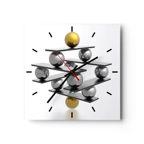 Wandklok, Klok Arttor 30x30 cm - Goud-zilver balans - Abstractie, Metalen Ballen, 3D, Samenstelling, Evenwicht, Plein, Streepjes wijzerplaat, Naar de woonkamer, Naar de slaapkamer, Zilver, Goud, C3AC30x30-2640