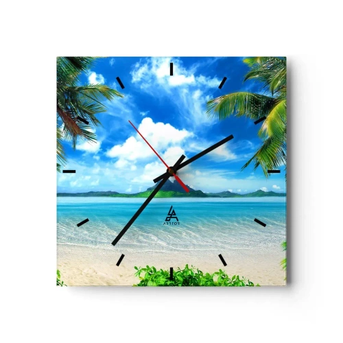 Wandklok, Klok Arttor 30x30 cm - Het azuur van de tropen - Landschap, Oceaan, Strand, Mysterieus Eiland, Tropen, Plein, Streepjes wijzerplaat, Naar de woonkamer, Naar de slaapkamer, Blauw, Wit, C3AC30x30-2528