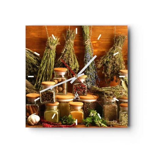Wandklok, Klok Arttor 30x30 cm - Keuken spreuken - Gastronomie, Gedroogde Kruiden, Kruiden, Aroma, Keuken, Plein, Streepjes wijzerplaat, Naar de woonkamer, Naar de slaapkamer, Groen, Blauw, C3AC30x30-2709