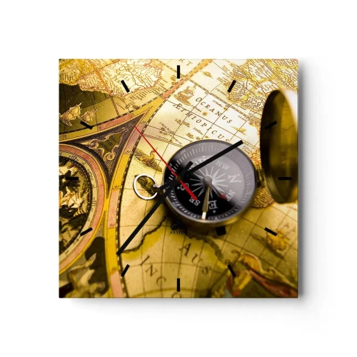 Wandklok, Klok Arttor 30x30 cm - Of misschien naar het einde van de wereld? - Reizen, Wereldkaarten, Kompas, Vintage, Gouden Kaart, Plein, Streepjes wijzerplaat, Naar de woonkamer, Naar de slaapkamer, Goud, Geel, C3AC30x30-2129