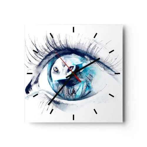 Wandklok, Klok Arttor 30x30 cm - Oog in oog met wildheid - Abstractie, Oog, Uil, Grafische Afbeeldingen, Kunst, Plein, Streepjes wijzerplaat, Naar de woonkamer, Naar de slaapkamer, Wit, Blauw, C3AC30x30-3098