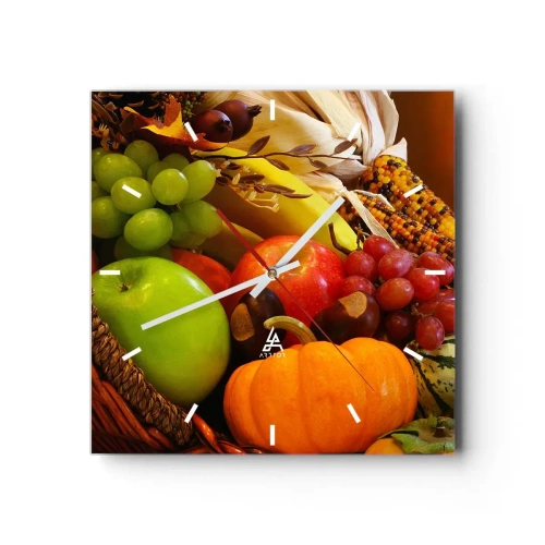Wandklok, Klok Arttor 30x30 cm - Oogstmand - Gastronomie, Fruit, Groenten, Rieten Mand, Stilleven, Plein, Streepjes wijzerplaat, Naar de woonkamer, Naar de slaapkamer, Groen, Geel, C3AC30x30-0406