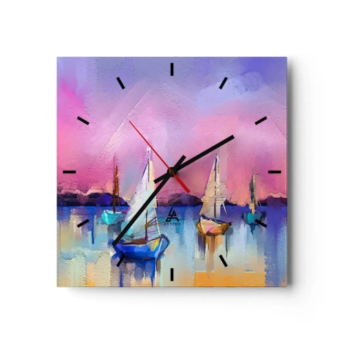Wandklok, Klok Arttor 30x30 cm - Richting: breed water - Landschap, Meer, Zeilboot, Grafische Afbeeldingen, Schilderen, Plein, Streepjes wijzerplaat, Naar de woonkamer, Naar de slaapkamer, Blauw, Roze, C3AC30x30-4099