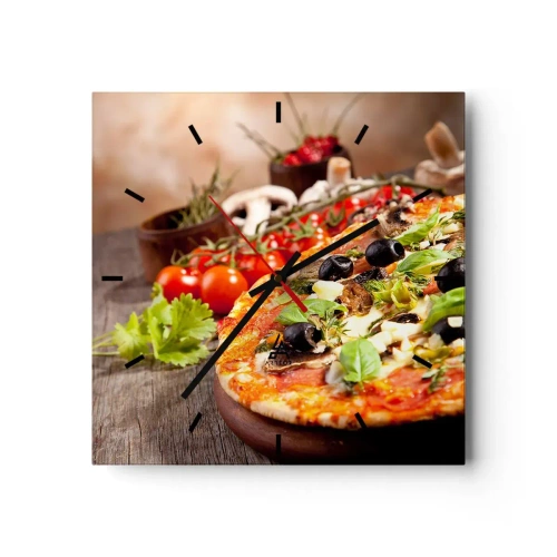 Wandklok, Klok Arttor 30x30 cm - Van de tellurische ingrediënten - Gastronomie, Pizza, Italië, Keuken, Olijf, Plein, Streepjes wijzerplaat, Naar de woonkamer, Naar de slaapkamer, Rood, Groen, C3AC30x30-2791
